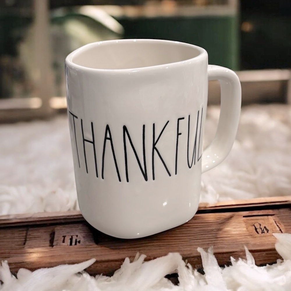 NEW RAE DUNN Large THANKFUL Mug Ceramic Harvest Fall White Black Gratitude